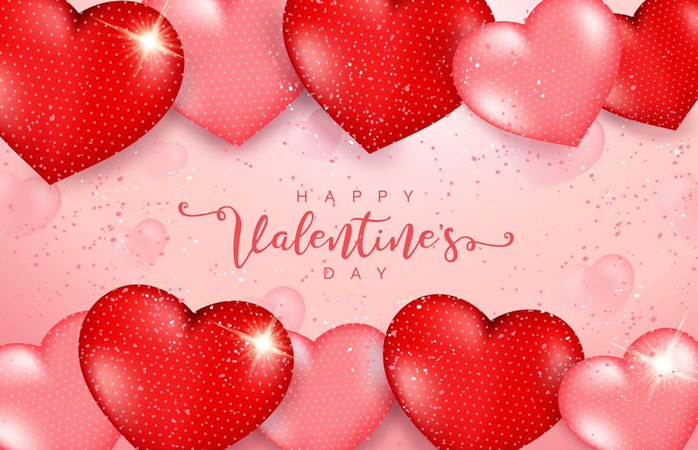 Pink Valentine's Day background with 3d hearts on red. Vector illustration. Cute love banner or greeting card