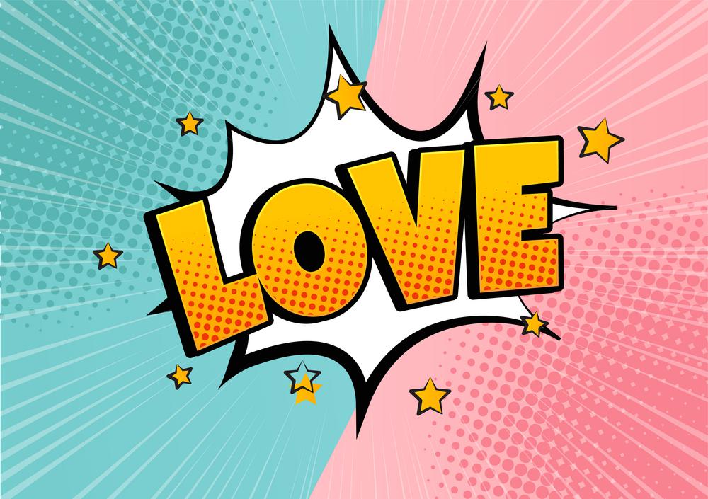 Comic bubble heart shape love pop art retro style. Romance and Valentines day. Love cartoon explosion. Falling in love.