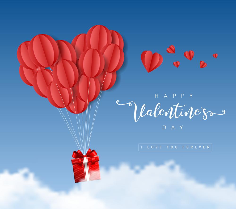 happy valentines day origami paper balloons hearts with gift box and clouds on blue sky vector illustration