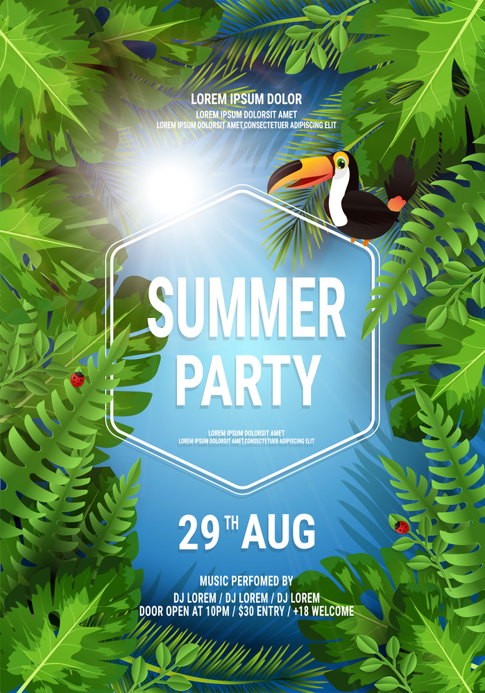 Vector Summer Beach Party Flyer Illustration with typographic design on nature background with palm leaves