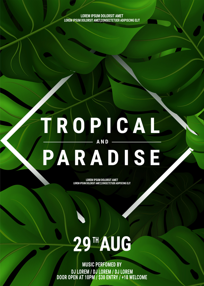 Summer tropical vector design for banner or flyer with dark green palm leaves and lettering