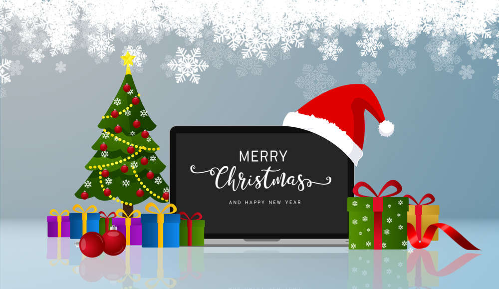 Realistic laptop monitor with santa hat. Vector.