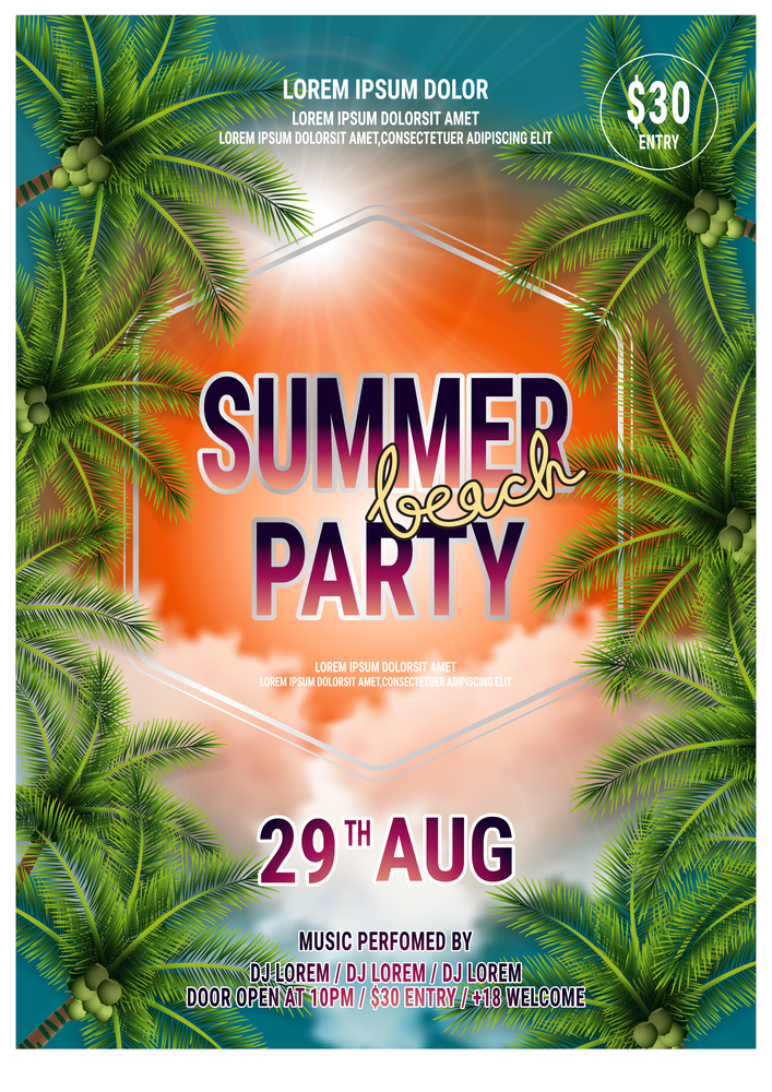 Summer Beach Party Flyer Design with typographic design on nature background with palm trees. vector poster, banner, card