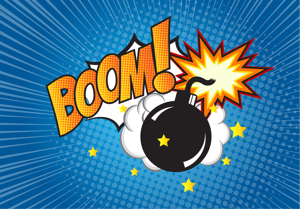 Bomb in pop art style and comic speech bubble with text - BOOM! Cartoon dynamite at background with dots halftone and sunburst.
