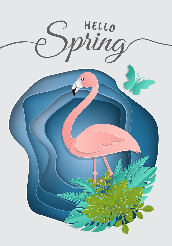 Slice of paper, origami, Pink flamingo in tropical leaves. Summer trendy tropical template with twinkling fireflies and exotic palm foliage in a circle. Wildlife concept. Vector floral background