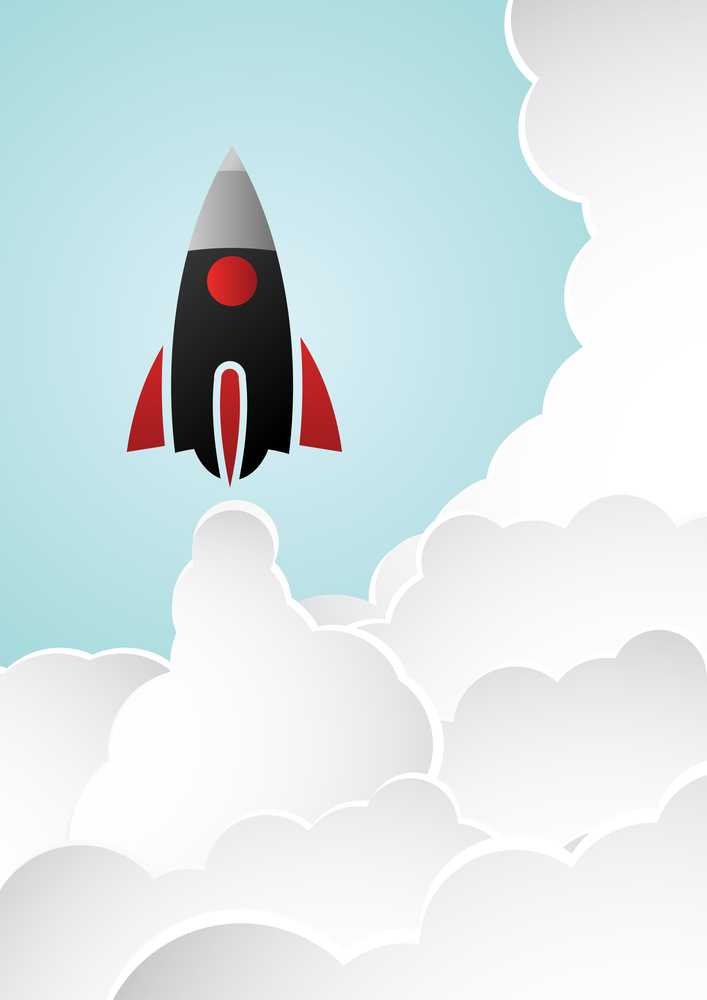 Rocket ship in a flat style.Vector illustration. Space travel to the moon. Project start up and development process. innovation product, creative idea. Management.