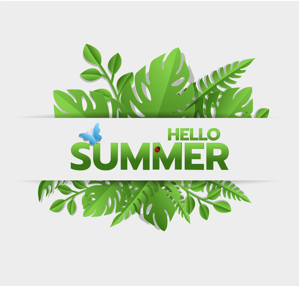 Green summer party tropical background with exotic palm leaves and plants. Vector floral background.
