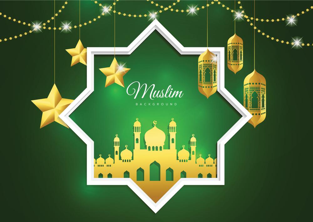 Islamic greeting card on green background. Vector illustration. Ramadan Kareem