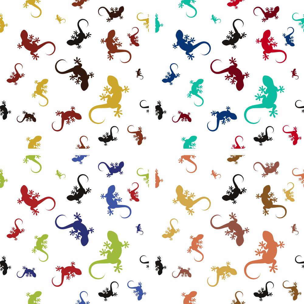 Four colorful seamless patterns with lizards. Many gecko different sized and bright colors. Gentle and soft vector illustration on white background.. Four colorful seamless patterns with lizards