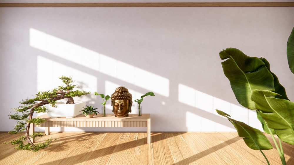 Bonsai tree on cabinet wooden on wall room zen style and decoraion wooden design, earth tone.3D rendering