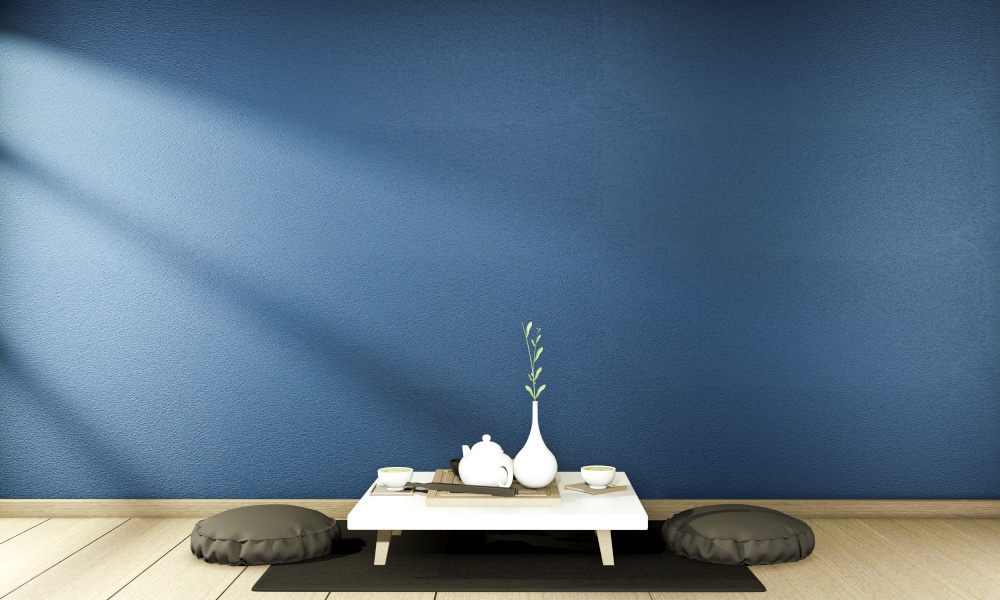 interior mock up Chinese style dark blue Room interior. 3D rendering