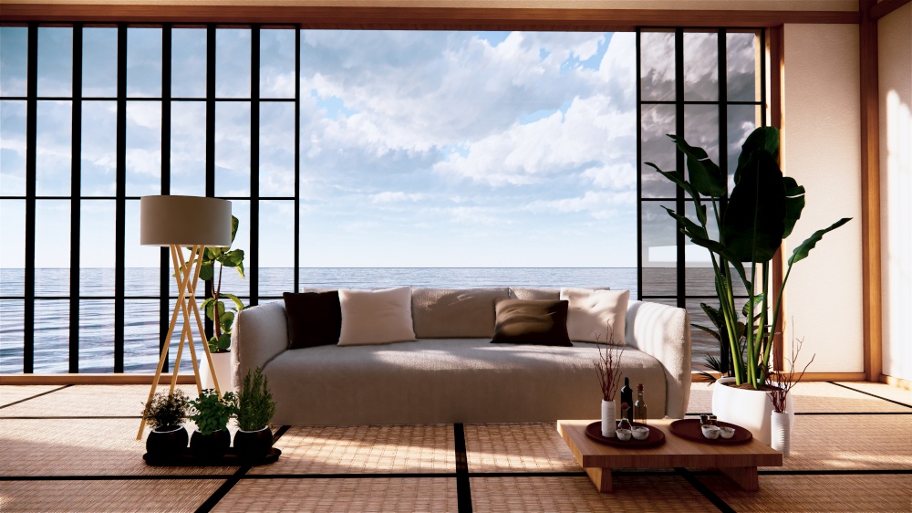 Sofa on empty room japanese design on tatami mat ,3D rendering