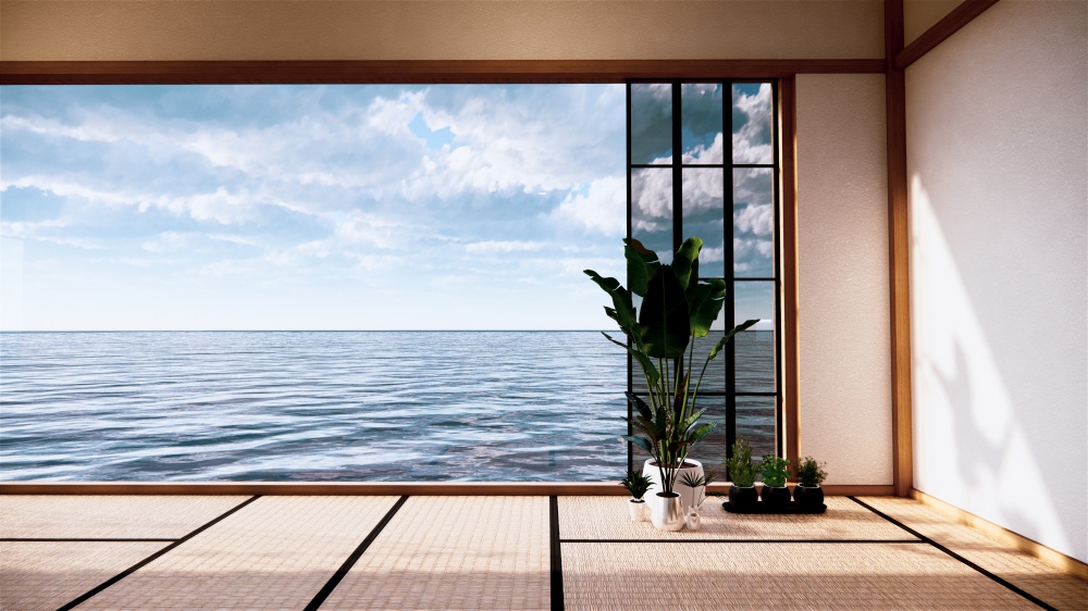 Japan room interior - Japanese style. 3D rendering in view sea.3D rendering