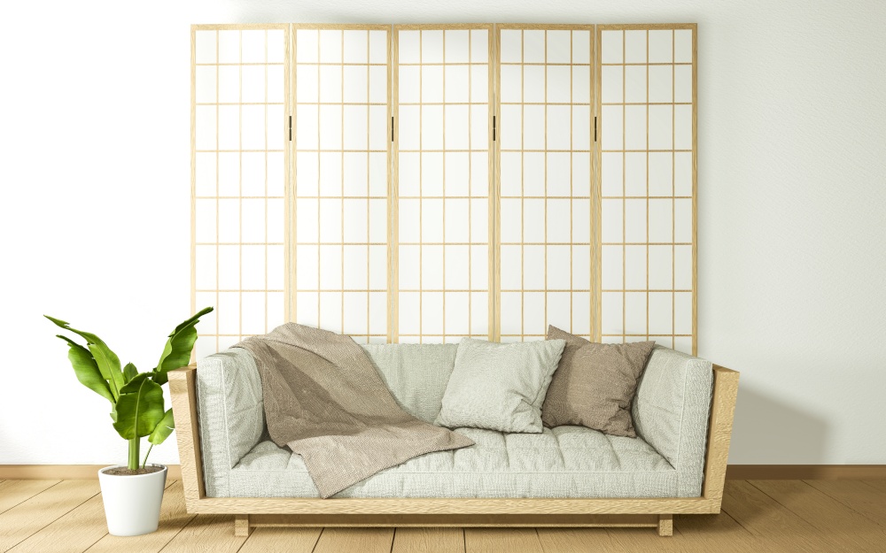 Sofa wooden japan design, on room  japan wooden floor .3D rendering