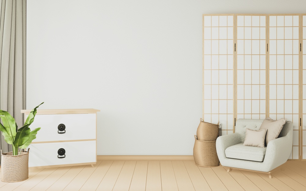 Armchair minimal and wooden cabinet in modern white room Japanese. 3D rendering