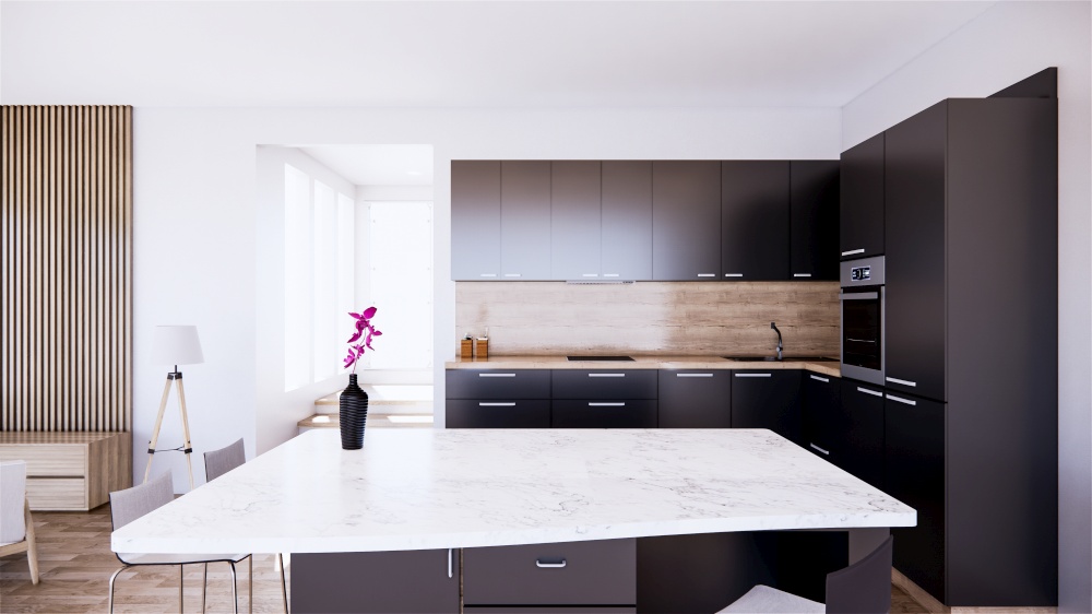 black kitchen room interior with Kitchen counter on wooden tiles. 3D rendering