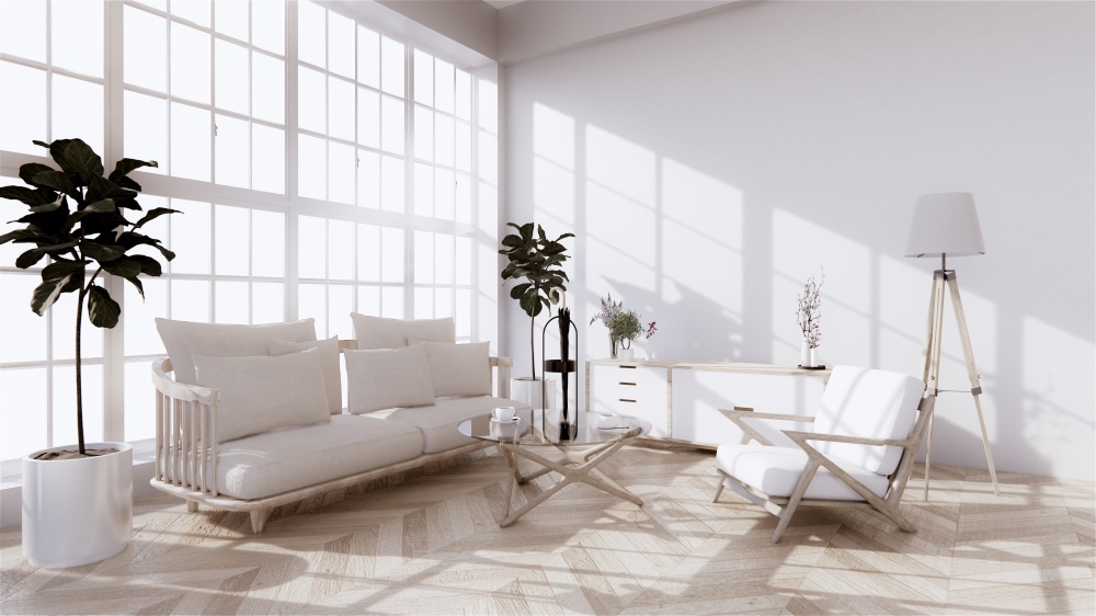 Tone Vintage Sofa wooden design, on room interior wooden floor .3D rendering