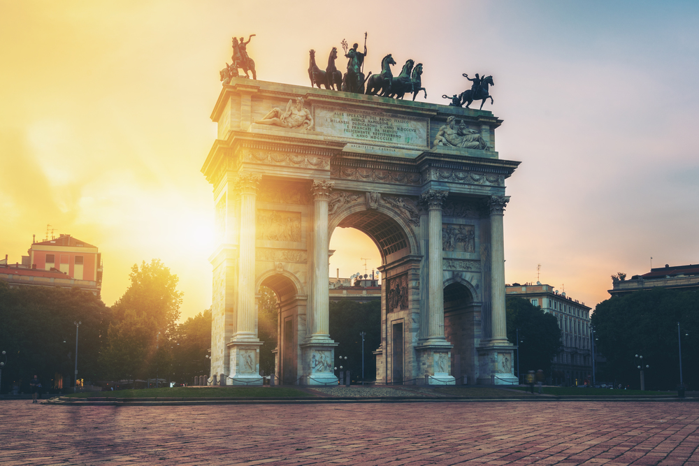 Arco della Pace or "Arch of Peace" in Milan, Italy, built as part of Foro Bonaparte to celebrate Napoleon&rsquo;s victories. It is city gate of Milan located at center of Simplon Square in Milan, Italy.