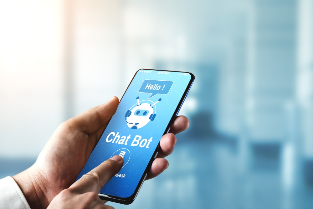 AI Chatbot smart digital customer service application concept. Computer or mobile device application using artificial intelligence chat bot automatic reply online message to help customers instantly.