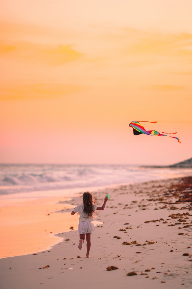 Little girl flying a kite on the beach. Little girl flying a kite on the beach with turquiose water