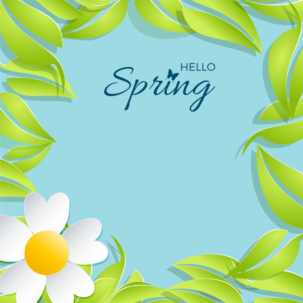 Spring design background. Card for spring season with frame and leaves and flower. Vector illustration for cover or poster