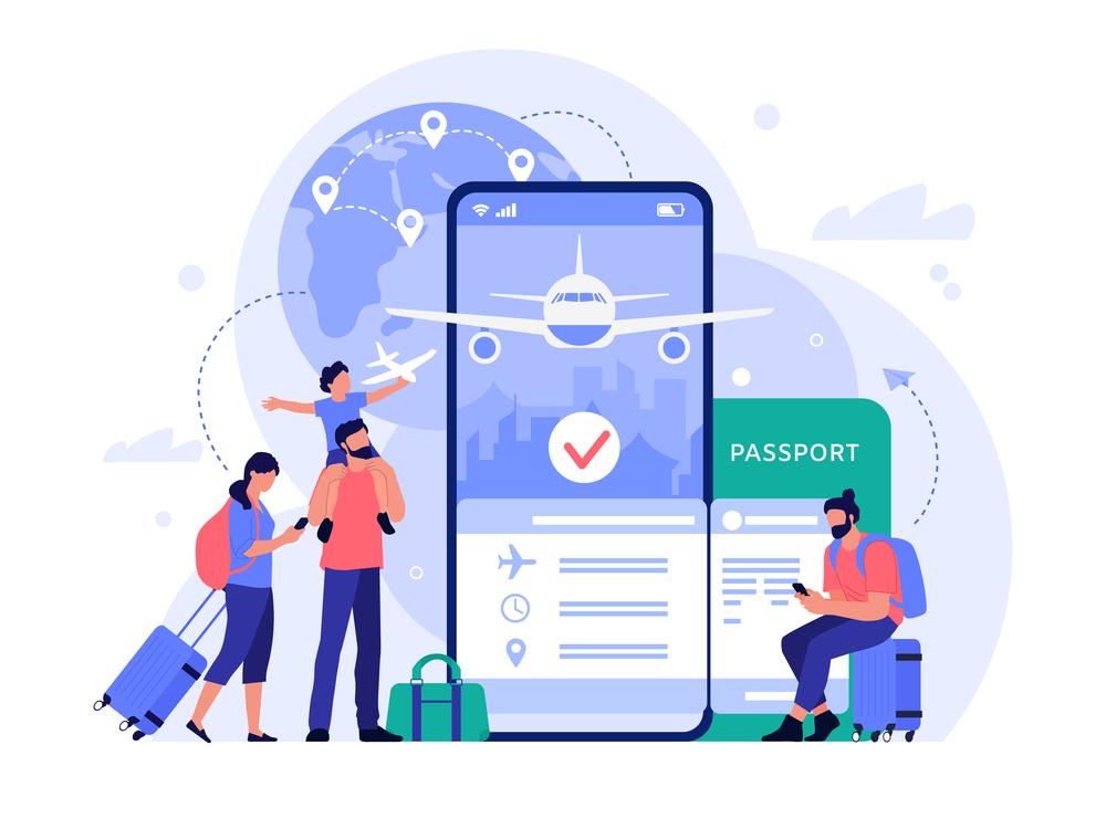 Air travel ticket buying app. People buying tickets online, phone booking service for tourism and vacation, travel concept vector illustration. Tourists with luggage making flight reservation. Air travel ticket buying app. People buying tickets online, phone booking service for tourism and vacation, travel concept vector illustration. Flight search tool. Tourists making reservation