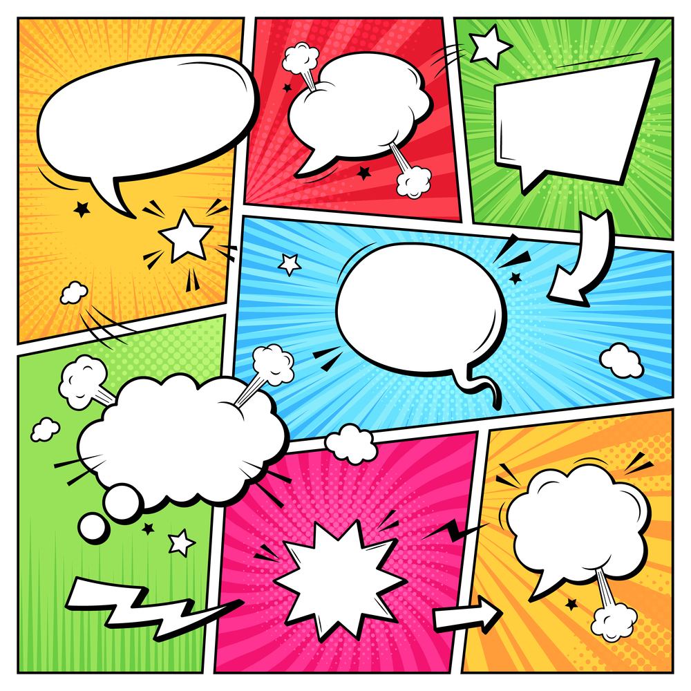 Comic books dialog bubbles. Cartoon book superhero scrapbook page template, empty comical speech clouds, graphic art frame vector layout template illustration. Pop art background with blank balloons. Comic books dialog bubbles. Cartoon book superhero scrapbook page template, empty comical speech clouds, graphic art frame vector layout template illustration. Pop art background with empty balloons