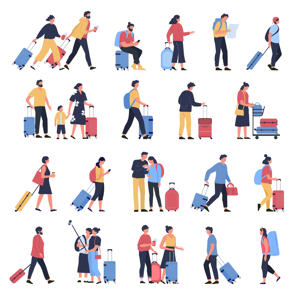 Travelers at airport. Business tourists, people waiting at airports terminal with luggage, characters walking and hasting to boarding. Airplane flight passengers isolated vector illustration icons set. Travelers at airport. Business tourists, people waiting at airports terminal with luggage, characters walking and hasting to boarding vector illustration set