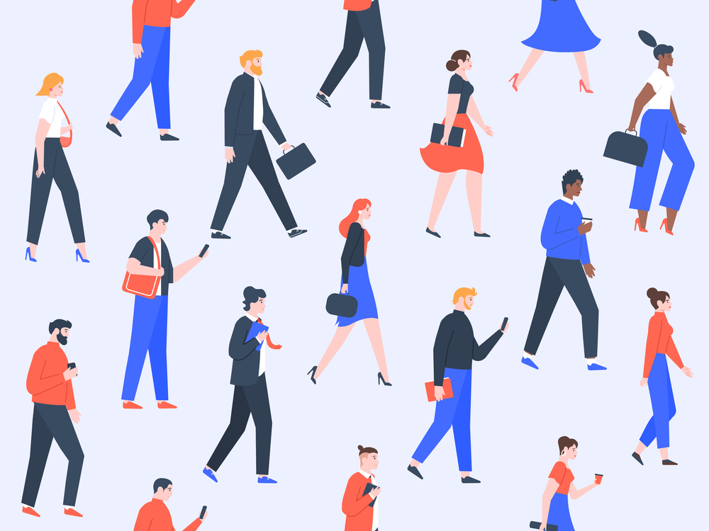 Worker people pattern. Office characters and business people group walking, modern worker team concept. Men and women going to work, cowokers togetherness seamless vector illustration. Worker people pattern. Office characters and business people group walking, modern worker team concept. Men and women going to work seamless vector illustration