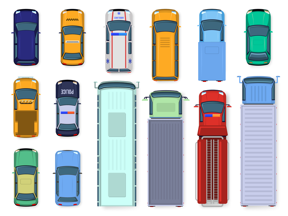 Car top view. Street vehicle engine roof viewing, traffic cars, city bus, ambulance and truck, public and civil transport isolated vector illustration set. flat color different vehicles from above. Car top view. Street vehicle engine roof viewing, traffic cars, city bus, ambulance and truck, public and civil transport isolated vector illustration set