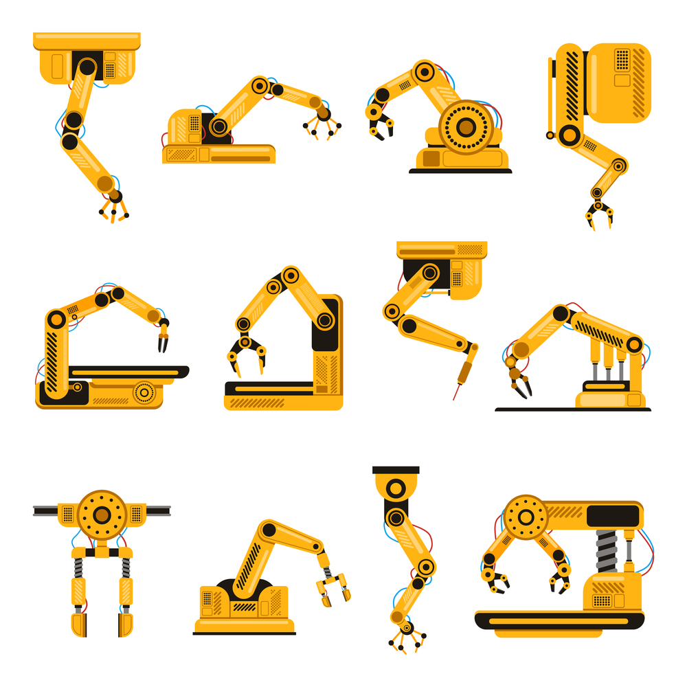 Robotic arms. Manufacturing industry mechanical robot arm, machinery technology, factory machine hands isolated vector illustration set. Mechanical robotic arm, hand engineering robot set. Robotic arms. Manufacturing industry mechanical robot arm, machinery technology, factory machine hands isolated vector illustration set