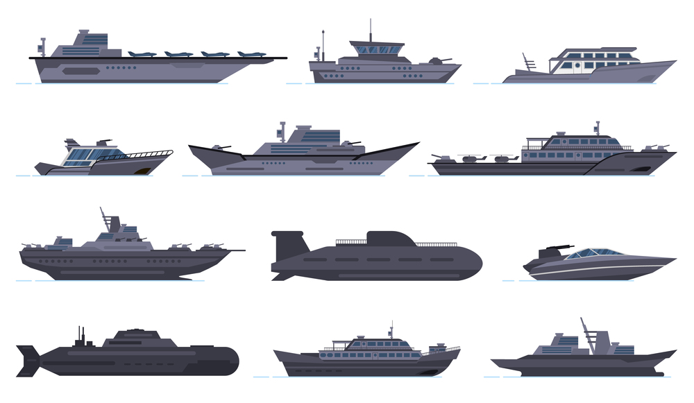 Military ships. Battle combat boats, missile ship, security boats, modern warships and submarine, army weapon battleships vector icons set. Military boat and ship, force vessel illustration. Military ships. Battle combat boats, missile ship, security boats, modern warships and submarine, army weapon battleships vector icons set