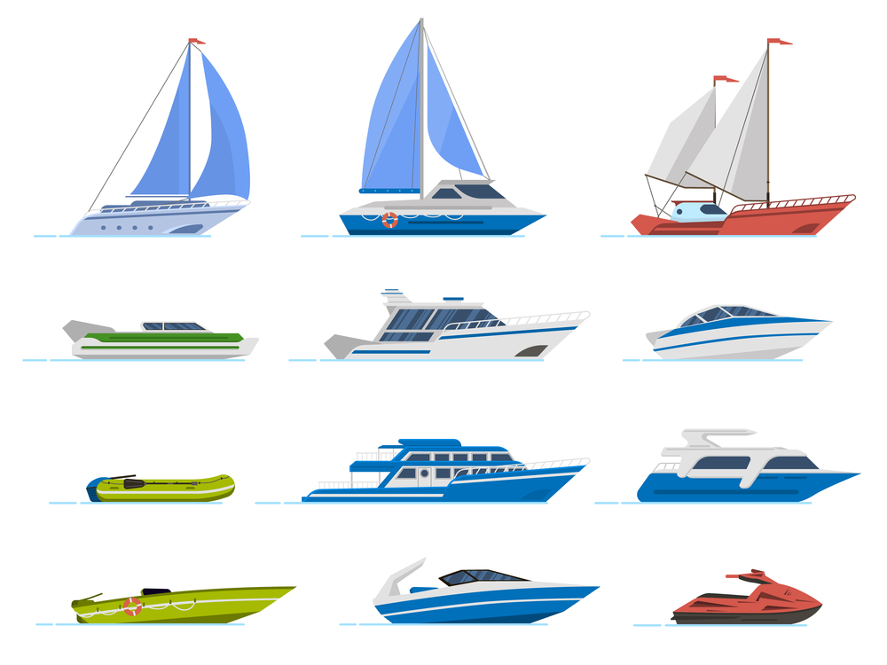 Travel yacht and powerboat. Cruise boats, luxury yacht steamer and speed boat, transportation for ocean water isolated vector illustration set. Yacht marine, speedboat and rubber motorboat. Travel yacht and powerboat. Cruise boats, luxury yacht steamer and speed boat, transportation for ocean water isolated vector illustration set