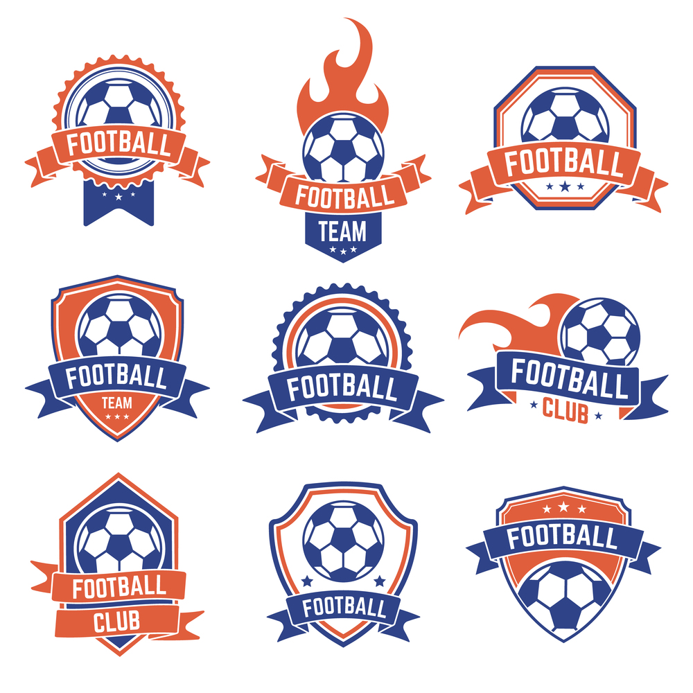 Soccer club emblem. Football badge shield logo, soccer ball team game club elements, soccer competition and championship vector isolated icon set. Shield football championship or team illustration. Soccer club emblem. Football badge shield logo, soccer ball team game club elements, soccer competition and championship vector isolated icon set