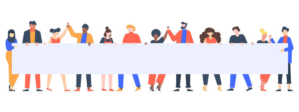 Young people holding banner. Activists group with empty placard, peaceful rights protest, manifestation march isolated vector illustration. Young people holding banner. Activists group with empty placard, peaceful rights protest, manifestation march isolated vector illustration set