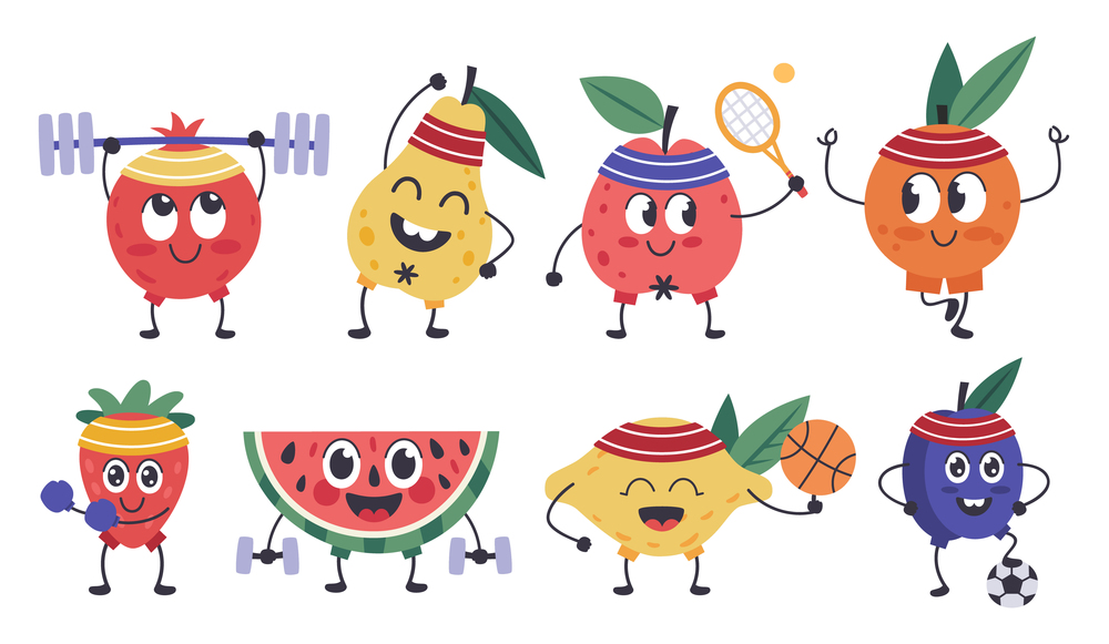 Fruit fitness characters. Doodle fruit mascots do sports, funny apple, lemon workout, healthy exercises and meditation isolated vector icons set. Fruit food, pear and lemon, pineapple ripe. Fruit fitness characters. Doodle fruit mascots do sports, funny apple, lemon workout, healthy exercises and meditation isolated vector icons set