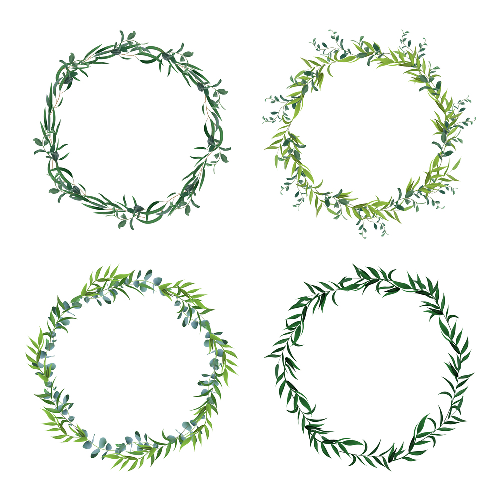 Round leaf borders. Circle green leaves wreath, floral frames, decorative circle invitation. Floral decorations isolated vector icons set. Green leaf frame, border wreath greenery illustration. Round leaf borders. Circle green leaves wreath, floral frames, decorative circle invitation. Floral decorations isolated vector icons set