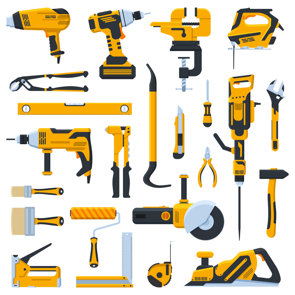 Building construction tools. Construction home repair hand tools, drill, saw and screwdriver. Renovation kit vector illustration icons set. Tools jackhammer and vise, jigsaw and level. Building construction tools. Construction home repair hand tools, drill, saw and screwdriver. Renovation kit vector illustration icons set