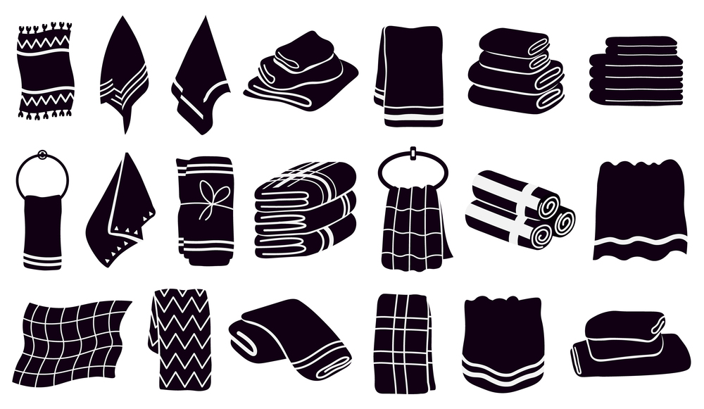 Household towel silhouettes. Black textile rolled and hanging towels. Fabric bathroom, kitchen towels vector illustration symbols set. Silhouette black bathroom towel, beach or kitchen. Household towel silhouettes. Black textile rolled and hanging towels. Fabric bathroom, kitchen towels vector illustration symbols set