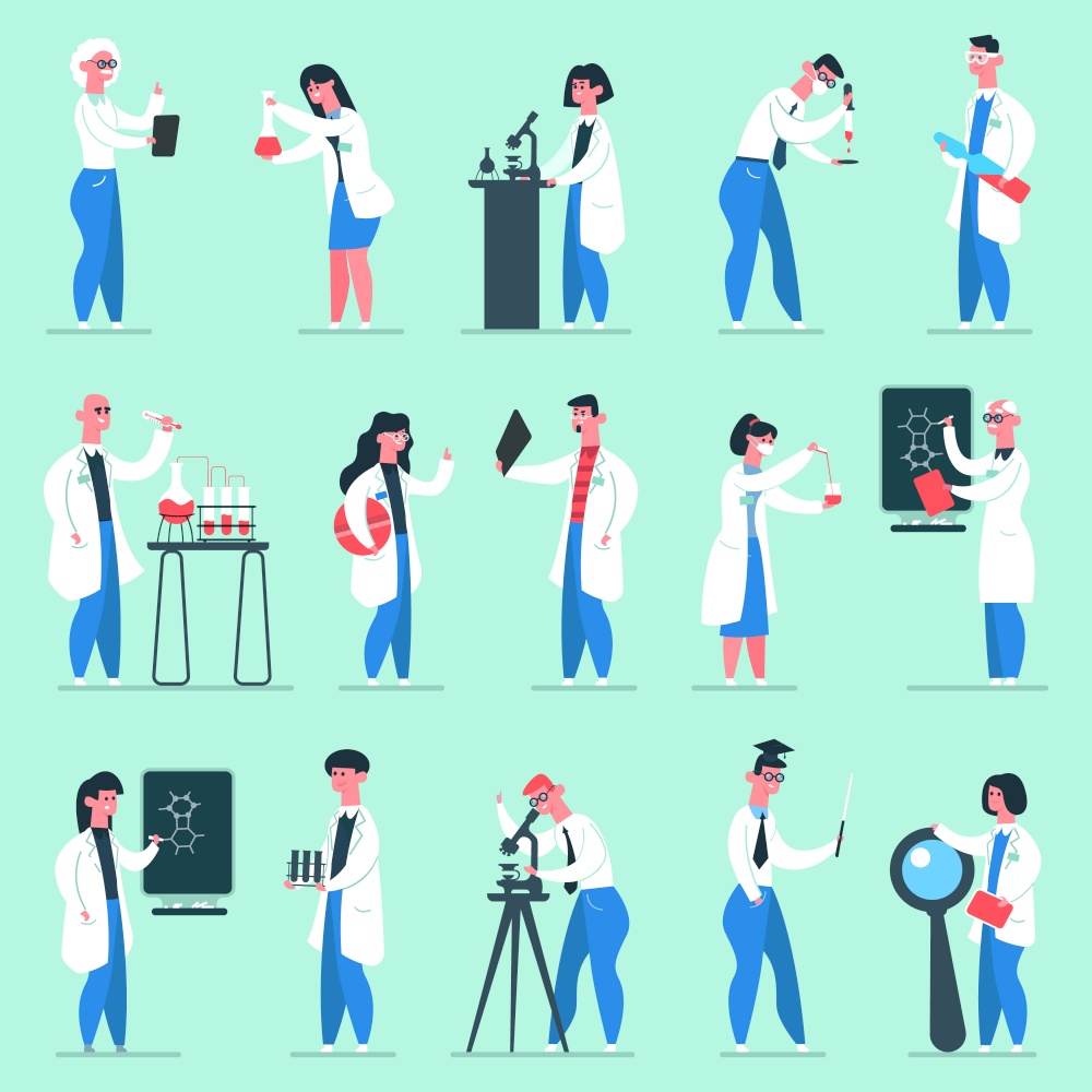 Science characters. Lab people, chemical scientist researchers lab coats, chemistry clinic laboratory workers isolated vector illustration set. Lab chemical, research scientist, chemistry experiment. Science characters. Lab people, chemical scientist researchers in lab coats, chemistry clinic laboratory workers isolated vector illustration set