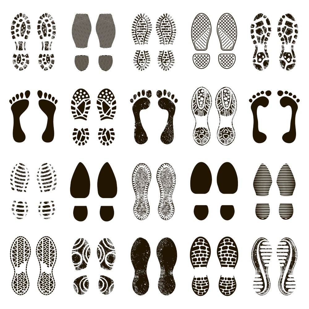 Shoes footprints. Footwear steps silhouette, boots or sneakers footstep print, barefoot textured steps isolated vector illustration icons set. Footwear print, step silhouette isolated collection. Shoes footprints. Footwear steps silhouette, boots or sneakers footstep print, barefoot textured steps isolated vector illustration icons set