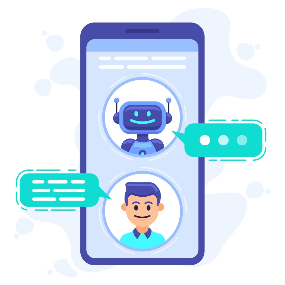 Chat bot communication. Smartphone chatting with conversation bot, chat assistant bot at cellphone screen, robots sms dialog vector illustration. Robot communication conversation chatting. Chat bot communication. Smartphone chatting with conversation bot, chat assistant bot at cellphone screen, robots sms dialog vector illustration