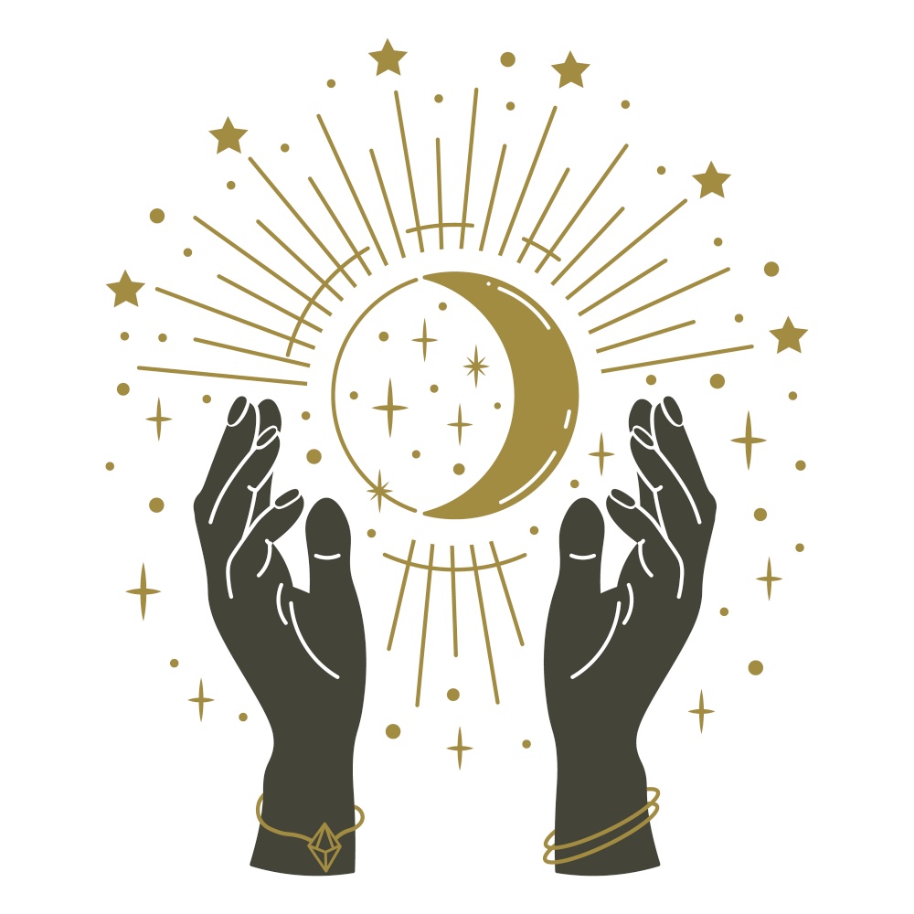 Magic hands holding moon. Hand drawn mystical arms with moon, magical symbol, witchcraft mystic arms holding moon and stars vector illustration. Magic vintage, human hands mysticism. Magic hands holding moon. Hand drawn mystical arms with moon, magical symbol, witchcraft mystic arms holding moon and stars vector illustration