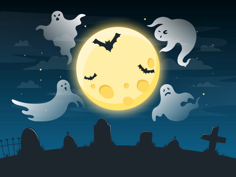 Halloween creepy poster. Flying scare ghosts, spooky ghost halloween character on dark ominous background, halloween poster vector illustration. Poster halloween with horror ghosts. Halloween creepy poster. Flying scare ghosts, spooky ghost halloween character on dark ominous background, halloween poster vector illustration