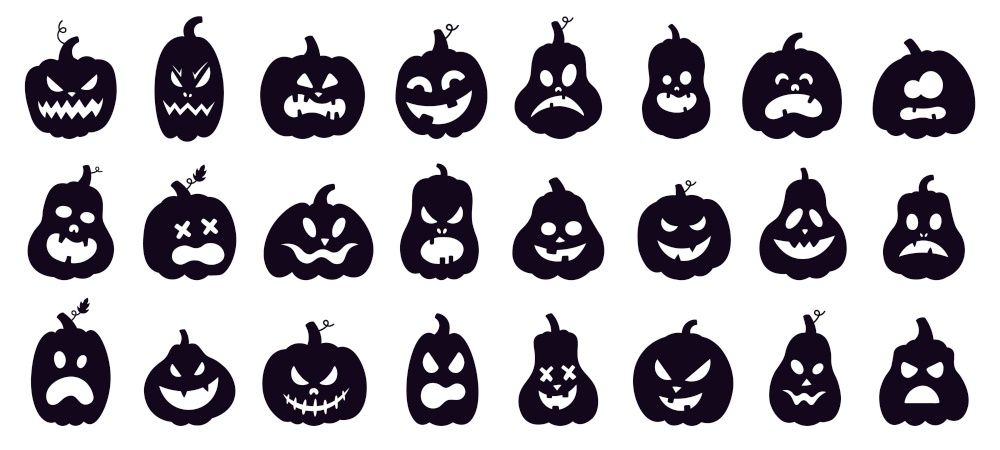 Halloween pumpkins silhouette. Scary spooky carving pumpkins, creepy smiling faces, autumn holiday horror decoration vector illustration set. Celebration smile autumn halloween. Halloween pumpkins silhouette. Scary spooky carving pumpkins, creepy smiling faces, autumn holiday horror decoration vector illustration set