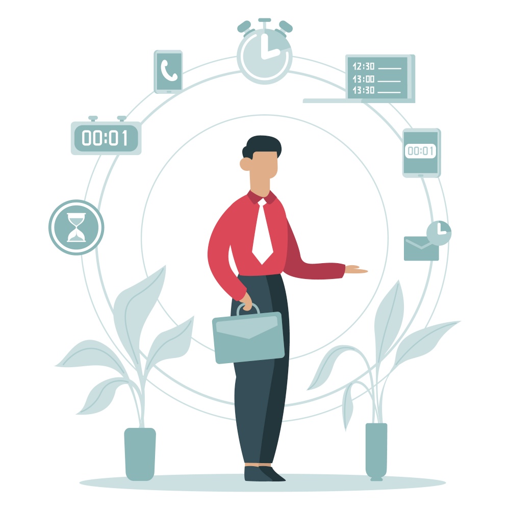 Time management concept. Businessman planning work tasks, timing schedule, business worker surrounded time icons vector illustration. Business schedule, time management work. Time management concept. Businessman planning work tasks, timing schedule, business worker surrounded time icons vector illustration