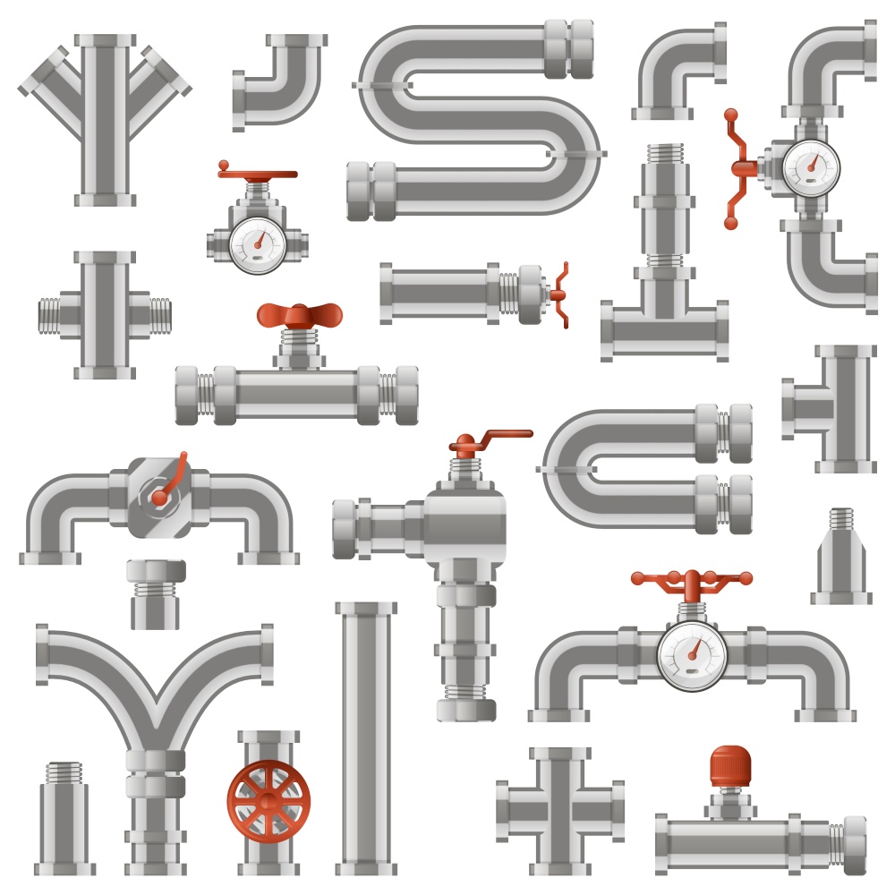 Pipeline construction. Water pipe sections, industrial tube pipes engineering, pipe construction with rotary knobs and counters vector icons set. Illustration tube construction, pipeline plumbing. Pipeline construction. Water pipe sections, industrial tube pipes engineering, pipe construction with rotary knobs and counters vector icons set