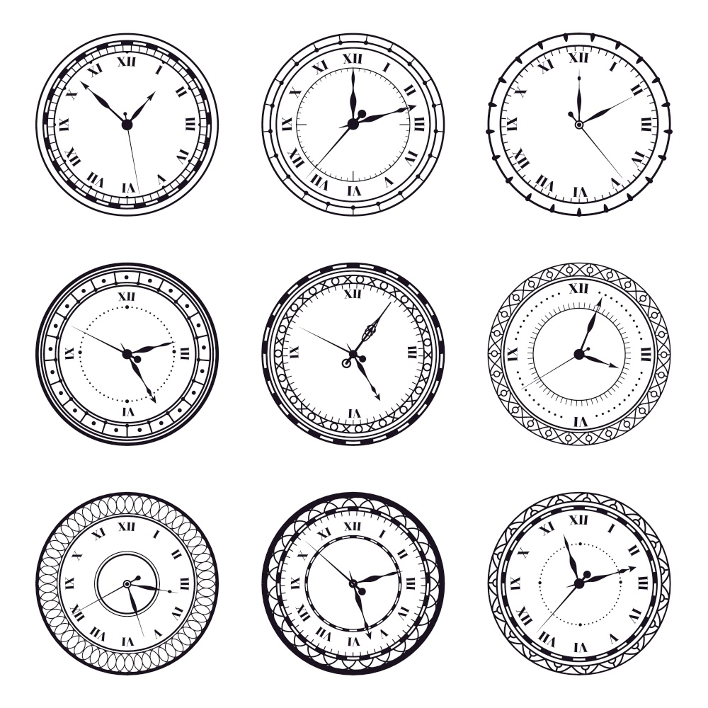 Ancient watch face. Vintage antique watches, antic 12 hours round clock, roman numerals timer clock vector illustration symbols set. Time watch wall with roman numbers. Ancient watch face. Vintage antique watches, antic 12 hours round clock, roman numerals timer clock vector illustration symbols set