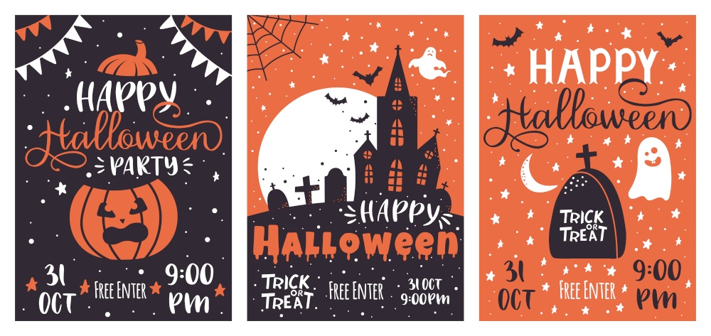 Halloween party posters. Scary pumpkin, haunted house, flying bats greeting spooky traditional party invitations vector template illustration. Halloween poster party, holiday night and spooky. Halloween party posters. Scary pumpkin, haunted house, flying bats greeting spooky traditional party invitations vector template illustration