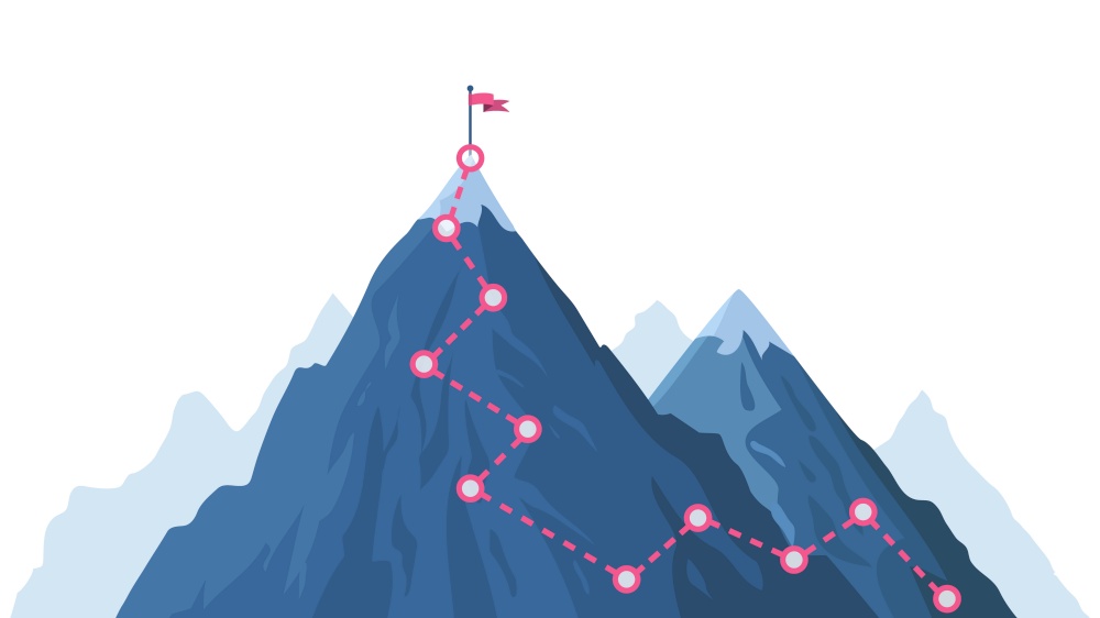 Mountain progression path. Climbing progress route, mountain peak overcoming, mountain climbing path with red flag on top vector illustration. Way path infographic, progress way to peak. Mountain progression path. Climbing progress route, mountain peak overcoming, mountain climbing path with red flag on top vector illustration